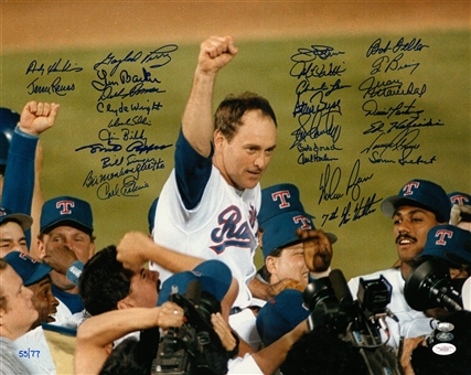 No-Hit Pitchers Multi Signed 16x20 Photo Of Nolan Ryan After 7th No-Hitter With 27 Signatures Including Marichal, Perry & Ryan (LE 55/77) (Ryan Holo, JSA & FSC)